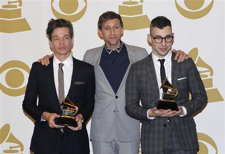 Members of the band Fun pose with their awards for Song of the Year "We Are Young" and Best New Artist, backstage at the 55th annual Grammy Members of the band Fun pose with their awards for Song of the Year "We Are Young" and Best New Artist, backstage at the 55th annual Grammy