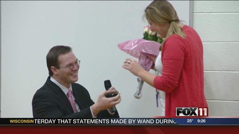 McAuliffe Elementary School teacher Kristin Zimmerman getting a surprise proposal during assembly on Feb. 14, 2013. McAuliffe Elementary School teacher Kristin Zimmerman getting a surprise proposal during assembly on Feb. 14, 2013.
