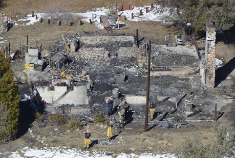 Authorities stand at the site of a burnt out cabin near Angelus Oaks, California February 13, 2013, where police believe they engaged in a s Authorities stand at the site of a burnt out cabin near Angelus Oaks, California February 13, 2013, where police believe they engaged in a s