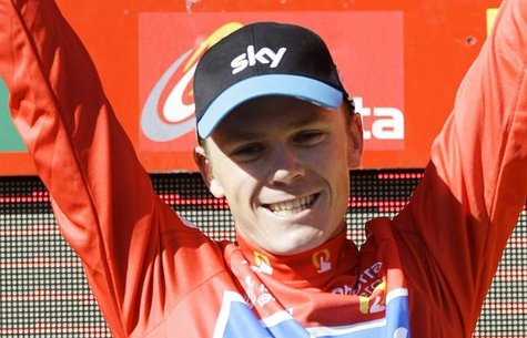 Sky Procycling's Chris Froome of Britain celebrates after taking the overall lead after the tenth stage of the Tour of Spain "La Vuelta" cyc Sky Procycling's Chris Froome of Britain celebrates after taking the overall lead after the tenth stage of the Tour of Spain "La Vuelta" cyc