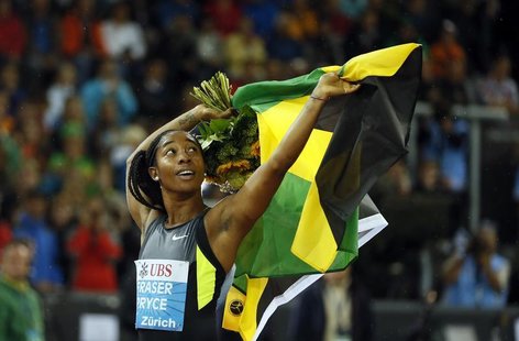 Jamaica's Shelly-Ann Fraser-Pryce celebrates as she won the women's 100m race during the Weltklasse Diamond League meeting in Zurich August Jamaica's Shelly-Ann Fraser-Pryce celebrates as she won the women's 100m race during the Weltklasse Diamond League meeting in Zurich August