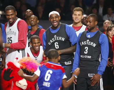 (L-R) NBA All-Stars Kevin Durant (35) of Oklahoma City Thunder, Chris Paul of Los Angeles Clippers, LeBron James (6) of Miami Heat, Blake Gr (L-R) NBA All-Stars Kevin Durant (35) of Oklahoma City Thunder, Chris Paul of Los Angeles Clippers, LeBron James (6) of Miami Heat, Blake Gr