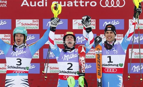 (L to R) Second placed Felix Neureuther of Germany, first placed Marcel Hirscher of Austria and third placed Mario Matt of Austria celebrate (L to R) Second placed Felix Neureuther of Germany, first placed Marcel Hirscher of Austria and third placed Mario Matt of Austria celebrate