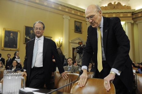 Erskine Bowles (L) and Alan Simpson (R), co-chairmen of the National Commission on Fiscal Responsibility and Reform, take their seats to tes Erskine Bowles (L) and Alan Simpson (R), co-chairmen of the National Commission on Fiscal Responsibility and Reform, take their seats to tes