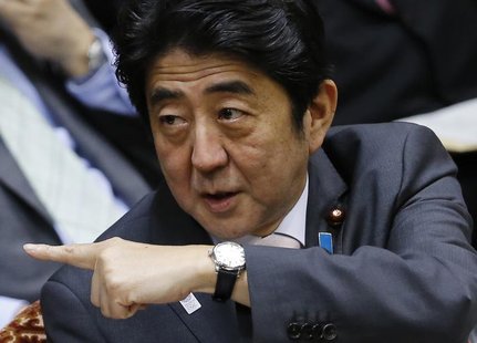 Japan's Prime Minister Shinzo Abe attends an upper house budget committee session at the parliament in Tokyo February 19, 2013. REUTERS/Toru Japan's Prime Minister Shinzo Abe attends an upper house budget committee session at the parliament in Tokyo February 19, 2013. REUTERS/Toru