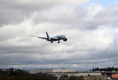 A Boeing 787 descends in Everett, Washington travelling with crew only from Fort Worth, Texas February 7, 2013. REUTERS/Kevin P. Casey A Boeing 787 descends in Everett, Washington travelling with crew only from Fort Worth, Texas February 7, 2013. REUTERS/Kevin P. Casey