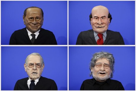 A combination photo shows puppets of Italian politicians (clockwise, from L to R) Silvio Berlusconi, Pier Luigi Bersani, Beppe Grillo, Mario A combination photo shows puppets of Italian politicians (clockwise, from L to R) Silvio Berlusconi, Pier Luigi Bersani, Beppe Grillo, Mario