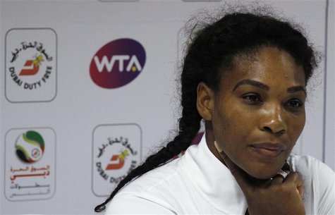 Serena Williams of the U.S. listens during a news conference at the WTA Dubai Tennis Championships in Dubai February 20, 2013. REUTERS/Juman Serena Williams of the U.S. listens during a news conference at the WTA Dubai Tennis Championships in Dubai February 20, 2013. REUTERS/Juman