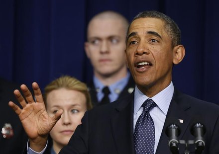 U.S. President Barack Obama talks against automatic budget cuts scheduled to take effect next week, while in the South Court Auditorium in t U.S. President Barack Obama talks against automatic budget cuts scheduled to take effect next week, while in the South Court Auditorium in t