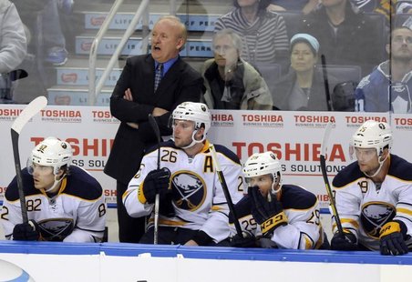 Buffalo Sabres coach Lindy Ruff watches from the bench during the second period of their NHL hockey game against the Toronto Maple Leafs in Buffalo Sabres coach Lindy Ruff watches from the bench during the second period of their NHL hockey game against the Toronto Maple Leafs in