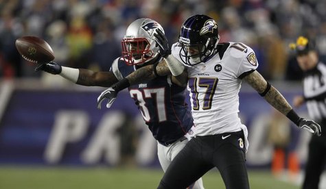 New England Patriots corner back Alfonzo Dennard (L) breaks up a pass intended for Baltimore Ravens wide receiver Tandon Doss during the thi New England Patriots corner back Alfonzo Dennard (L) breaks up a pass intended for Baltimore Ravens wide receiver Tandon Doss during the thi