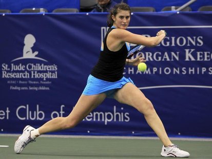 Rebecca Marino of Canada hits a return to Ksenia Pervak of Kazakhstan during their Memphis International women's singles tennis match in Mem Rebecca Marino of Canada hits a return to Ksenia Pervak of Kazakhstan during their Memphis International women's singles tennis match in Mem