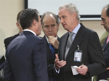 North Atlantic Treaty Organization (NATO) Secretary General Anders Fogh Rasmussen (L) talks with Spain's Defense Minister Pedro Morenes Eula North Atlantic Treaty Organization (NATO) Secretary General Anders Fogh Rasmussen (L) talks with Spain's Defense Minister Pedro Morenes Eula