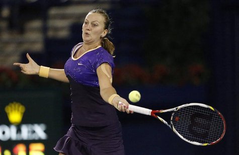 Petra Kvitova of the Czech Republic hits a return to Caroline Wozniacki of Denmark during their women's singles semi-final match at the WTA Petra Kvitova of the Czech Republic hits a return to Caroline Wozniacki of Denmark during their women's singles semi-final match at the WTA