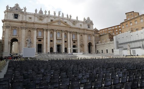 Chairs are seen in front of St.Peter's Basilica at the Vatican February 21, 2013. REUTERS/Stefano Rellandini Chairs are seen in front of St.Peter's Basilica at the Vatican February 21, 2013. REUTERS/Stefano Rellandini