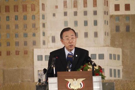 United Nations Secretary General Ban Ki-Moon speaks during a ceremony in Sanaa November 19, 2012. REUTERS/Khaled Abdullah United Nations Secretary General Ban Ki-Moon speaks during a ceremony in Sanaa November 19, 2012. REUTERS/Khaled Abdullah
