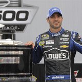 Jimmie Johnson poses next to the trophy after he won the NASCAR Sprint Cup Series Daytona 500 race at the Daytona International Speedway in Jimmie Johnson poses next to the trophy after he won the NASCAR Sprint Cup Series Daytona 500 race at the Daytona International Speedway in