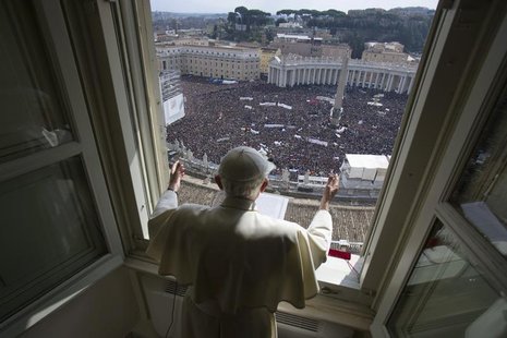 Pope Benedict XVI leads his last Angelus prayer before stepping down in Saint Peter's Square at the Vatican February 24, 2013. REUTERS/Osser Pope Benedict XVI leads his last Angelus prayer before stepping down in Saint Peter's Square at the Vatican February 24, 2013. REUTERS/Osser