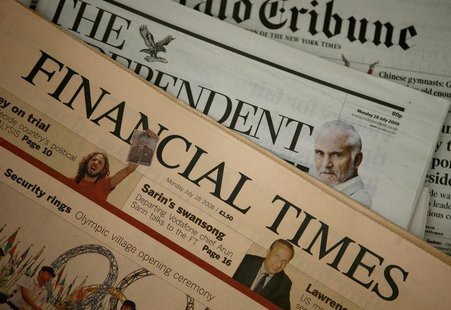 A copy of a Financial Times newspaper is displayed for sale in a newsagent in central London July 28, 2008. REUTERS/Alessia Pierdomenico A copy of a Financial Times newspaper is displayed for sale in a newsagent in central London July 28, 2008. REUTERS/Alessia Pierdomenico