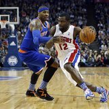 Detroit Pistons point guard Will Bynum (12) drives the ball past New York Knicks small forward Carmelo Anthony (7) during their regulation N Detroit Pistons point guard Will Bynum (12) drives the ball past New York Knicks small forward Carmelo Anthony (7) during their regulation N