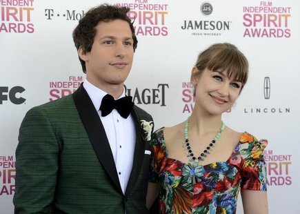 Host Andy Samberg and his girlfriend, musician Joanna Newsom, arrive at the 2013 Film Independent Spirit Awards in Santa Monica, California Host Andy Samberg and his girlfriend, musician Joanna Newsom, arrive at the 2013 Film Independent Spirit Awards in Santa Monica, California
