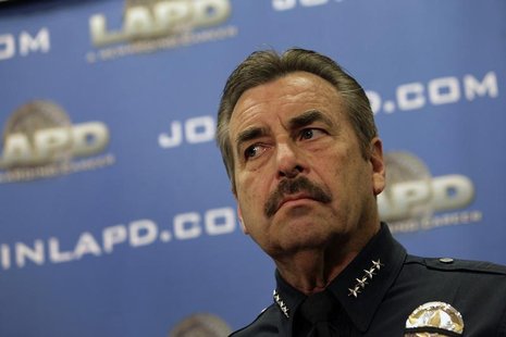 LAPD Police Chief Charlie Beck looks on during a news conference at the LAPD Headquarters in Los Angeles, California, February 10, 2013. REU LAPD Police Chief Charlie Beck looks on during a news conference at the LAPD Headquarters in Los Angeles, California, February 10, 2013. REU