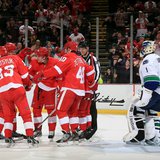 A FREQUENT SIGHT: Detroit Red Wings players celebrate in front of Vancouver goaltender Roberto Luongo (R) after one of their eight goals in an 8-3 triumph over the Canucks on Feb. 24, 2013. (Photo courtesy Detroit Red Wings) A FREQUENT SIGHT: Detroit Red Wings players celebrate in front of Vancouver goaltender Roberto Luongo (R) after one of their eight goals in an 8-3 triumph over the Canucks on Feb. 24, 2013. (Photo courtesy Detroit Red Wings)