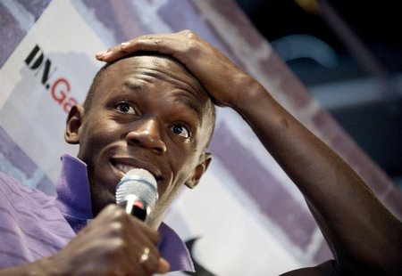 Jamaica's sprinter Usain Bolt speaks during a news conference in Stockholm August 5, 2010. REUTERS/Maja Suslin /scanpix Jamaica's sprinter Usain Bolt speaks during a news conference in Stockholm August 5, 2010. REUTERS/Maja Suslin /scanpix