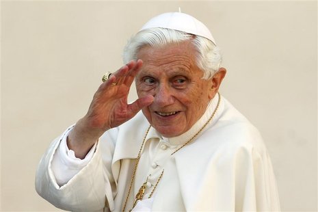 Pope Benedict XVI waves as he arrives to lead the Wednesday general audience in Saint Peter's square, at the Vatican in this October 24, 201 Pope Benedict XVI waves as he arrives to lead the Wednesday general audience in Saint Peter's square, at the Vatican in this October 24, 201