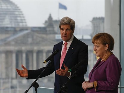 German Chancellor Angela Merkel and U.S. Secretary of State John Kerry speak to media at the Chancellery in Berlin February 26, 2013. REUTER German Chancellor Angela Merkel and U.S. Secretary of State John Kerry speak to media at the Chancellery in Berlin February 26, 2013. REUTER