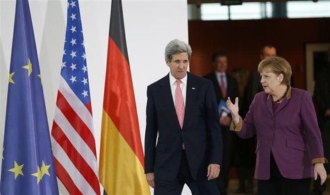 German Chancellor Angela Merkel and U.S. Secretary of State John Kerry arrive to address the media at the Chancellery in Berlin February 26, German Chancellor Angela Merkel and U.S. Secretary of State John Kerry arrive to address the media at the Chancellery in Berlin February 26,
