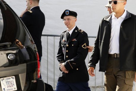 Army Private First Class Bradley Manning (C) is escorted in handcuffs as he leaves the courthouse in Fort Meade, Maryland June 6, 2012. REUT Army Private First Class Bradley Manning (C) is escorted in handcuffs as he leaves the courthouse in Fort Meade, Maryland June 6, 2012. REUT