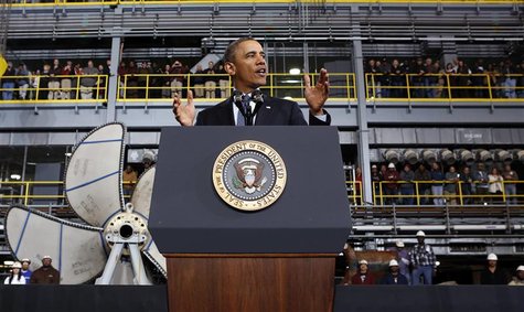 U.S. President Barack Obama speaks at Newport News Shipbuilding in Newport News, Virginia February 26, 2013. REUTERS/Kevin Lamarque U.S. President Barack Obama speaks at Newport News Shipbuilding in Newport News, Virginia February 26, 2013. REUTERS/Kevin Lamarque