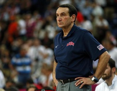 Mike Krzyzewski watches his team against Spain during their men's gold medal basketball match at the North Greenwich Arena in London during Mike Krzyzewski watches his team against Spain during their men's gold medal basketball match at the North Greenwich Arena in London during