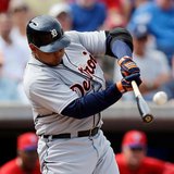 Detroit Tigers 3B Miguel Cabrera connects on a Jonathan Papelbon pitch for a three-run homer in the fifth inning of a 10-1 exhibition victory over Philadelphia in Clearwater, Florida on Feb. 25, 2013. (photo courtesy Detroit Tigers)