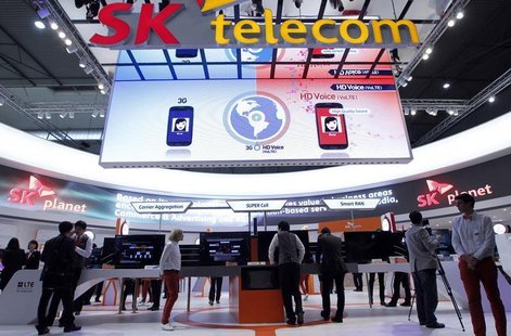 A view shows the SK Telecom booth at the Mobile World Congress in Barcelona, February 26, 2013. The GSMA Mobile World Congress, representing A view shows the SK Telecom booth at the Mobile World Congress in Barcelona, February 26, 2013. The GSMA Mobile World Congress, representing
