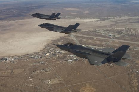 Three F-35 Joint Strike Fighters (rear to front) AF-2, AF-3 and AF-4, can be seen flying over Edwards Air Force Base in this December 10, 20 Three F-35 Joint Strike Fighters (rear to front) AF-2, AF-3 and AF-4, can be seen flying over Edwards Air Force Base in this December 10, 20