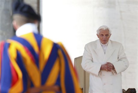 Pope Benedict XVI holds his last general audience in St Peter's Square at the Vatican February 27, 2013. REUTERS/Alessandro Bianchi Pope Benedict XVI holds his last general audience in St Peter's Square at the Vatican February 27, 2013. REUTERS/Alessandro Bianchi