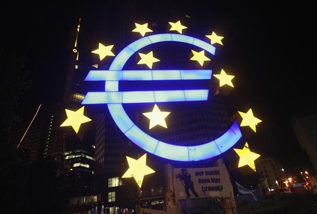 A sculpture showing the Euro currency sign is seen in front of the European Central Bank (ECB) headquarters in Frankfurt June 29, 2012. REUT A sculpture showing the Euro currency sign is seen in front of the European Central Bank (ECB) headquarters in Frankfurt June 29, 2012. REUT