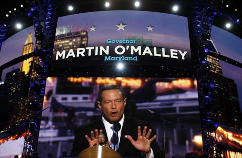 Maryland Governor Martin O'Malley addresses the 2012 Democratic National Convention in Charlotte, North Carolina, September 4, 2012. REUTERS Maryland Governor Martin O'Malley addresses the 2012 Democratic National Convention in Charlotte, North Carolina, September 4, 2012. REUTERS