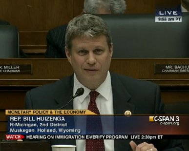 Image from C-SPAN of US House Rep. Bill Huizenga (R-Zeeland) during a Feb. 27, 2013 House Financial Services Subcommittee hearing. (photo courtesy office of US House Rep. Bill Huizenga) Image from C-SPAN of US House Rep. Bill Huizenga (R-Zeeland) during a Feb. 27, 2013 House Financial Services Subcommittee hearing. (photo courtesy office of US House Rep. Bill Huizenga)