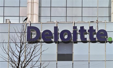The Deloitte Company logo is seen on a commercial tower at Gurgaon, on the outskirts of New Delhi August 9, 2012. REUTERS/Parivartan Sharma The Deloitte Company logo is seen on a commercial tower at Gurgaon, on the outskirts of New Delhi August 9, 2012. REUTERS/Parivartan Sharma