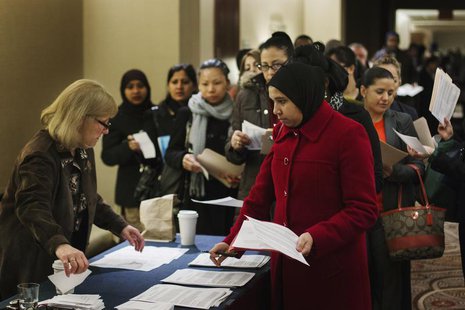Job seekers adjust their paperwork as they wait in line to attend a job fair in New York February 28, 2013. REUTERS/Lucas Jackson Job seekers adjust their paperwork as they wait in line to attend a job fair in New York February 28, 2013. REUTERS/Lucas Jackson