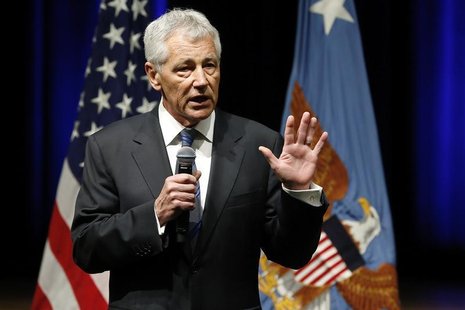 U.S. Secretary of Defense Chuck Hagel speaks to service members and civilian employees on his first day in his new post after being sworn in U.S. Secretary of Defense Chuck Hagel speaks to service members and civilian employees on his first day in his new post after being sworn in