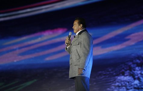 Austrian and U.S. actor Arnold Schwarzenegger performs during the opening ceremony of the World Alpine Skiing Championships in Schladming Fe Austrian and U.S. actor Arnold Schwarzenegger performs during the opening ceremony of the World Alpine Skiing Championships in Schladming Fe