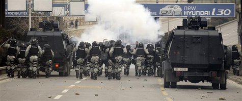 Macedonian riot police clash with ethnic Albanians during a demonstration in Skopje, March 2, 2013. REUTERS/Ognen Teofilovski Macedonian riot police clash with ethnic Albanians during a demonstration in Skopje, March 2, 2013. REUTERS/Ognen Teofilovski