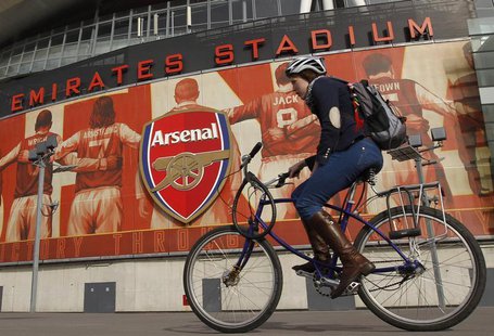 The crest of English Premier League soccer club Arsenal is seen in front of their home ground, the Emirates Stadium, in London April 11, 201 The crest of English Premier League soccer club Arsenal is seen in front of their home ground, the Emirates Stadium, in London April 11, 201