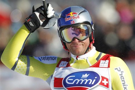 Aksel Lund Svindal of Norway reacts at the finish of the Alpine Skiing World Cup downhill race in Kvitfjell March 2, 2013. REUTERS/Geir Olse Aksel Lund Svindal of Norway reacts at the finish of the Alpine Skiing World Cup downhill race in Kvitfjell March 2, 2013. REUTERS/Geir Olse