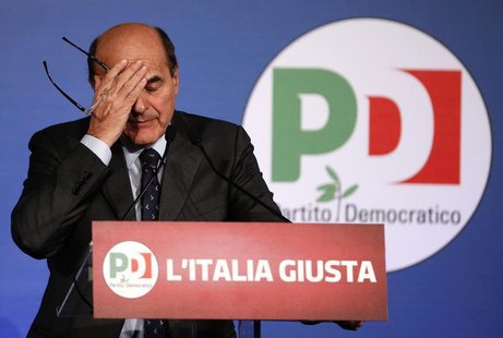 Italian PD (Democratic Party) leader Pier Luigi Bersani reacts during a news conference in Rome February 26, 2013. REUTERS/Tony Gentile Italian PD (Democratic Party) leader Pier Luigi Bersani reacts during a news conference in Rome February 26, 2013. REUTERS/Tony Gentile