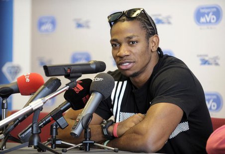 Sprinter Yohan Blake of Jamaica addresses a news conference during the upcoming Memorial Van Damme, IAAF Diamond League athletics meeting, i Sprinter Yohan Blake of Jamaica addresses a news conference during the upcoming Memorial Van Damme, IAAF Diamond League athletics meeting, i